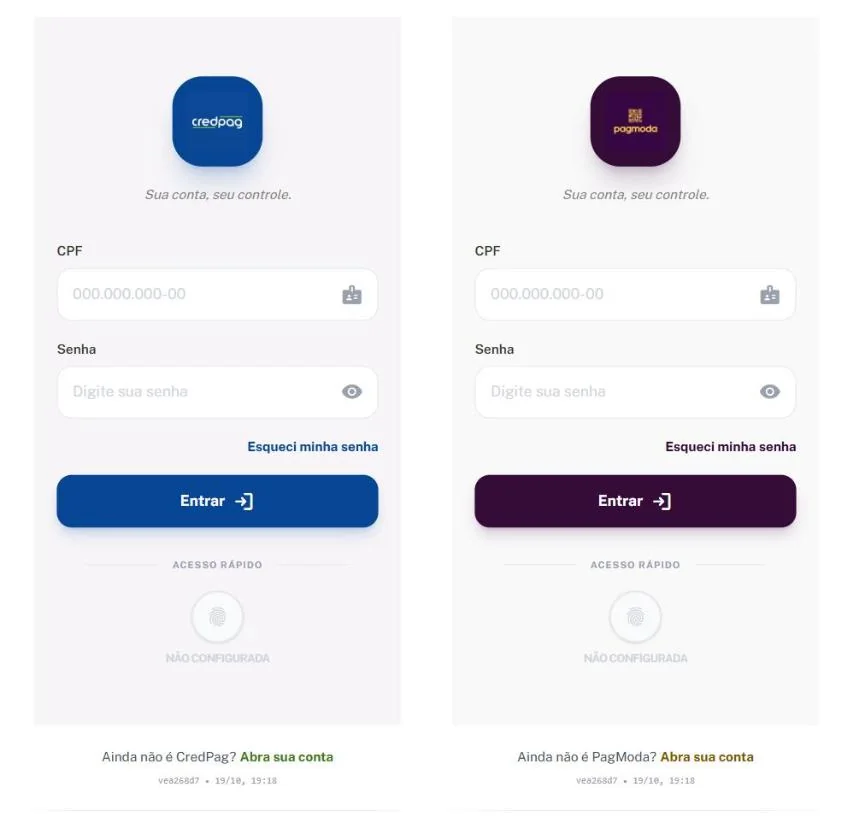 Tela de entrada do app com a marca CredPag e com a marca PagModa