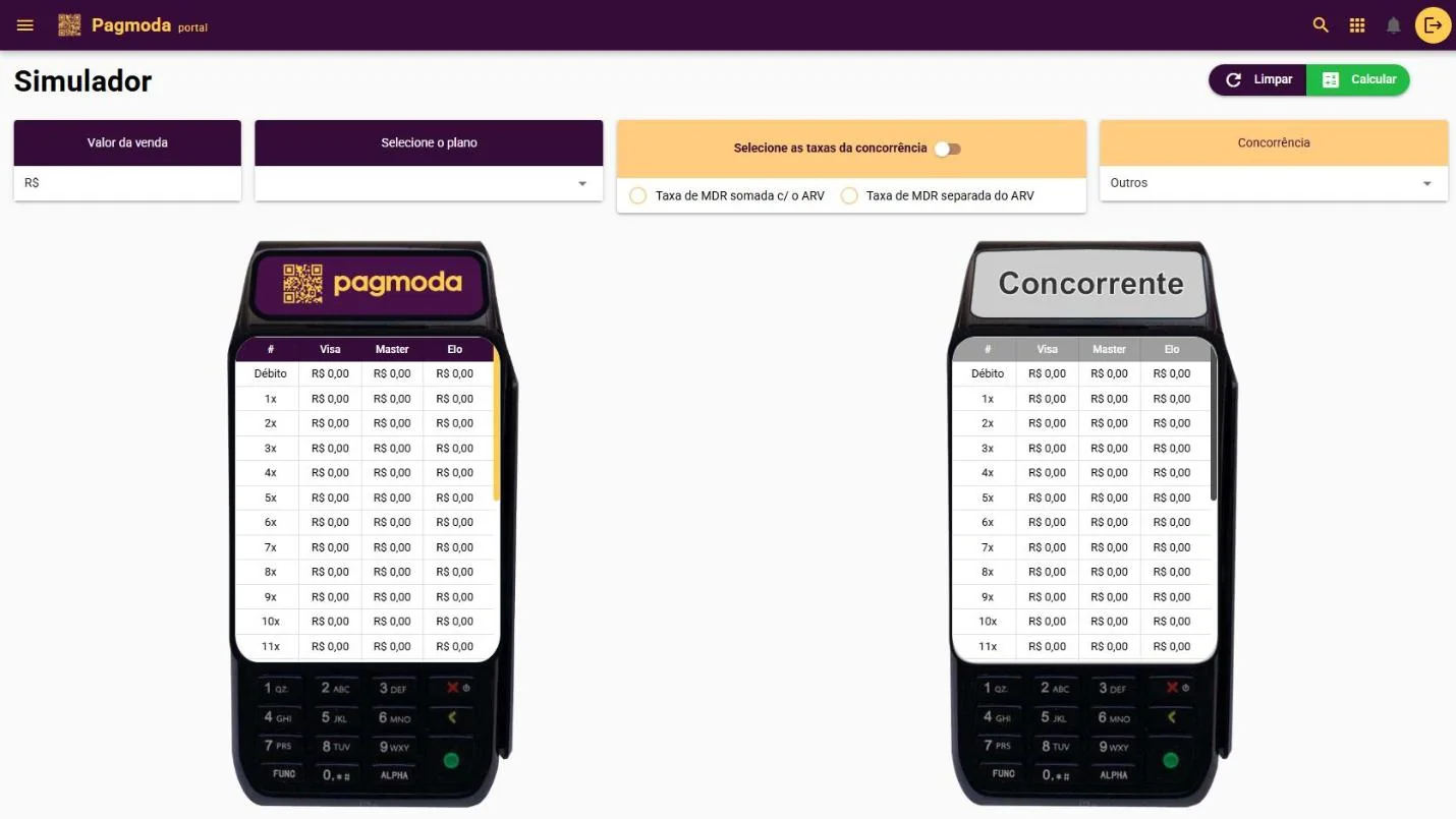 Simulador comercial comparando taxas