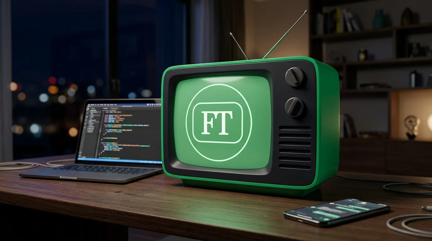 A TV verde da Futura numa mesa de trabalho à noite, ao lado de um notebook com código e de um celular