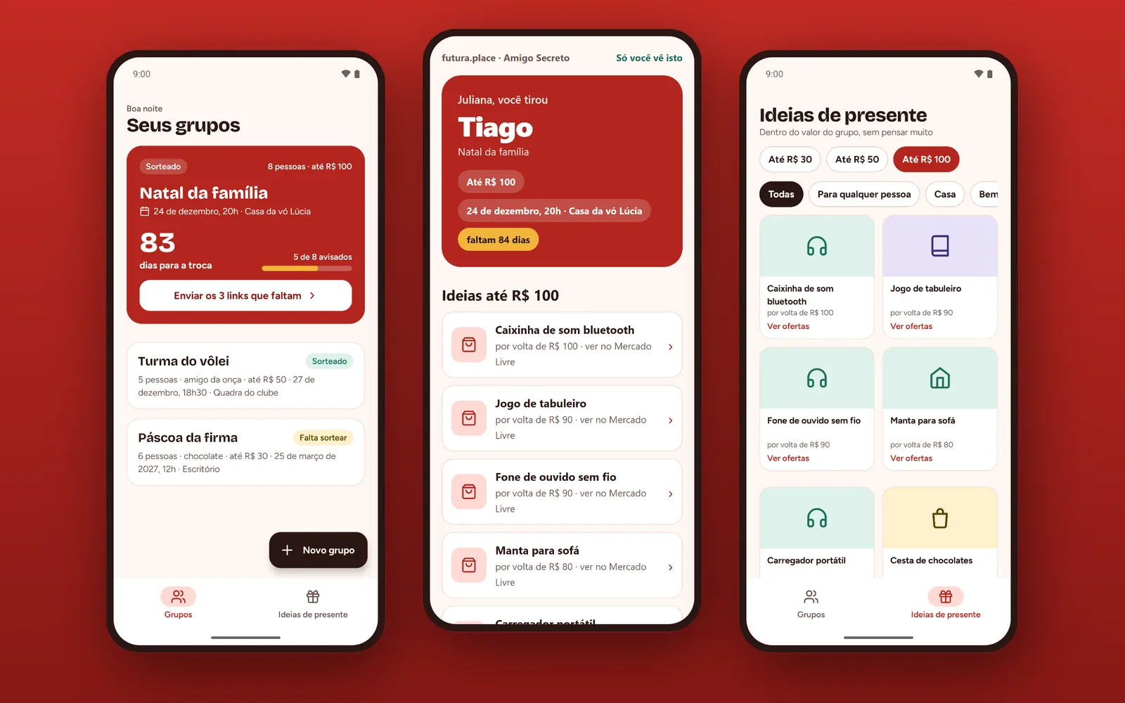 Amigo Secreto: três telas do aplicativo
