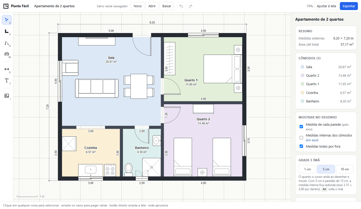 O editor do Planta Fácil com a planta de um apartamento de 2 quartos: sala, cozinha, banheiro e quartos coloridos, com medidas, portas, janelas e móveis.