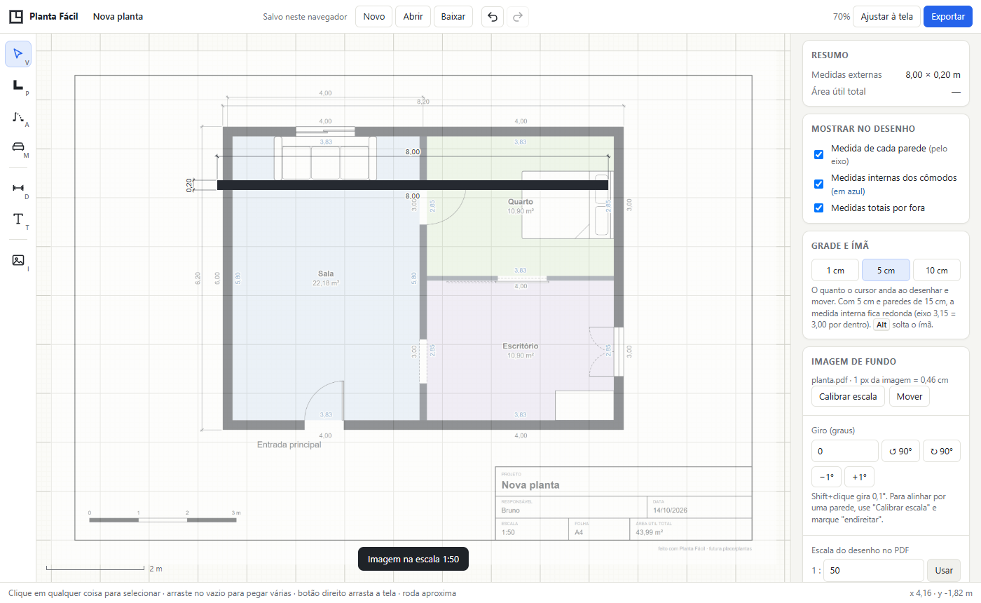 Uma planta em PDF aberta como fundo, clara, com uma parede nova desenhada por cima em preto.